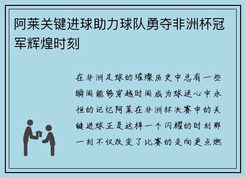 阿莱关键进球助力球队勇夺非洲杯冠军辉煌时刻